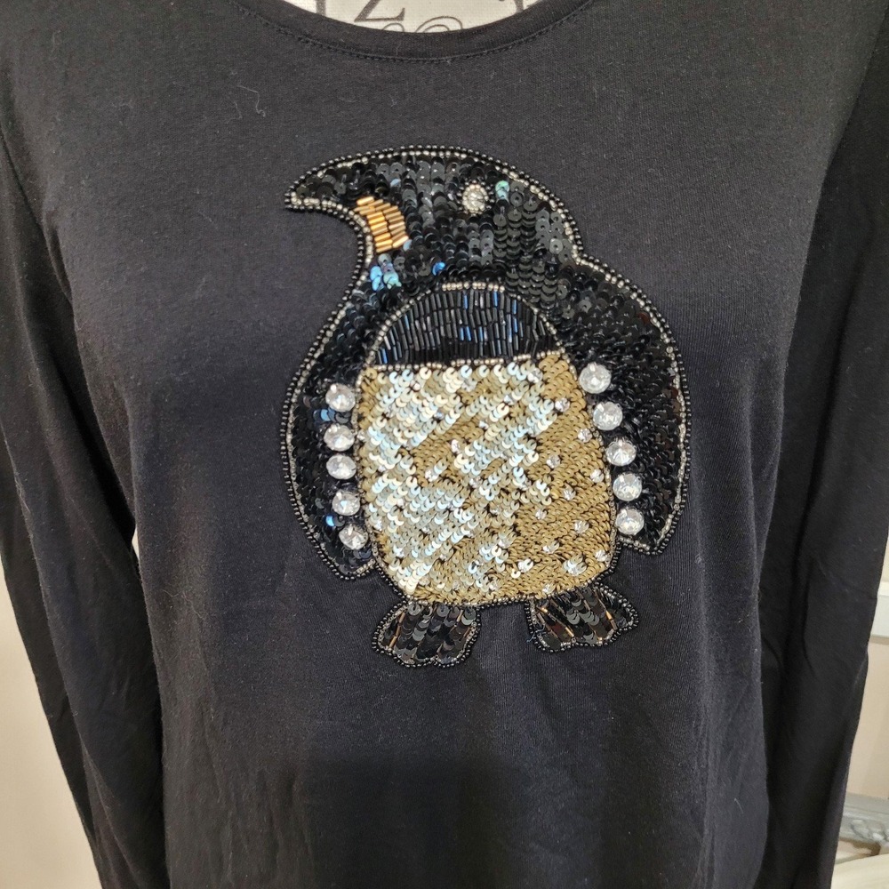 Chicos Zenergy Women's SZ S Sequined Penguin Black Tee Long sleeve scoop neck